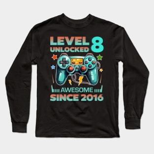 Level 8 Unlocked Awesome Since 2016 8th b-day Gift For Boys Kids Toddlers Long Sleeve T-Shirt